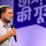 Rahul Gandhi addressing the media in New Delhi while supporting students' protest over the Education System and demanding the PM's apology.