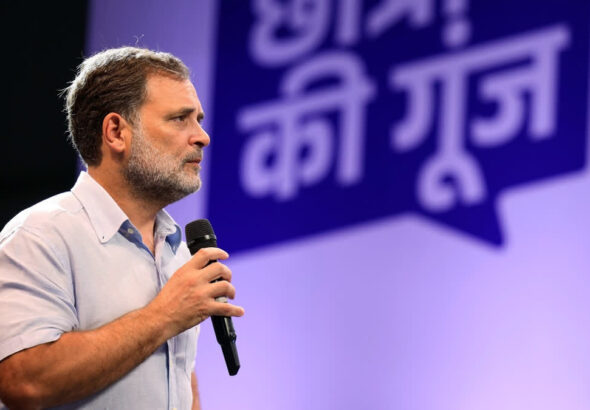 Rahul Gandhi addressing the media in New Delhi while supporting students' protest over the Education System and demanding the PM's apology.