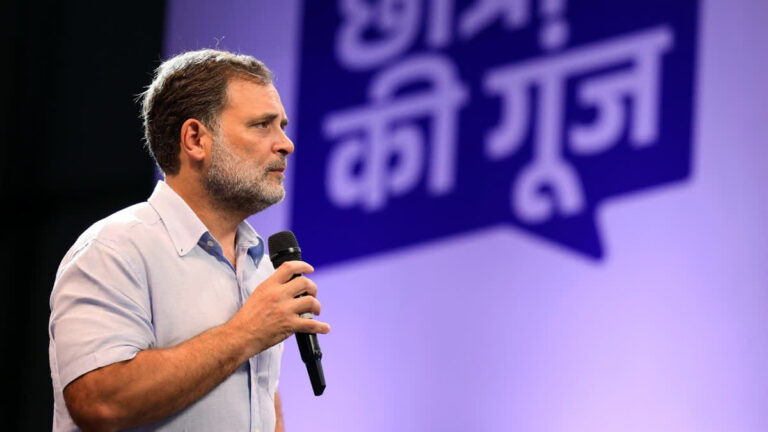 Rahul Gandhi addressing the media in New Delhi while supporting students' protest over the Education System and demanding the PM's apology.