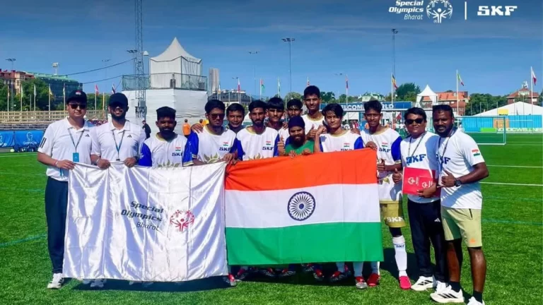 Satyanshu Deep from Dhamtari celebrates with Team India after winning the bronze medal at Special Olympics Gothia Cup 2026 in Sweden.