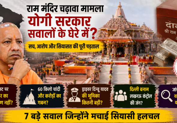 Ram Temple Donation Case: Uttar Pradesh CM Yogi Adityanath with Ayodhya Ram Temple highlighting the Ram Temple Donation Case and governance debate.