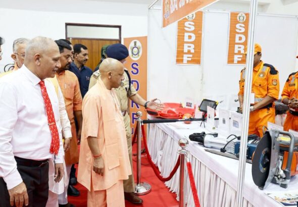 Uttar Pradesh Chief Minister inaugurating the new UPSDMA headquarters in Lucknow and honoring SDRF, PAC, and Fire Service personnel.