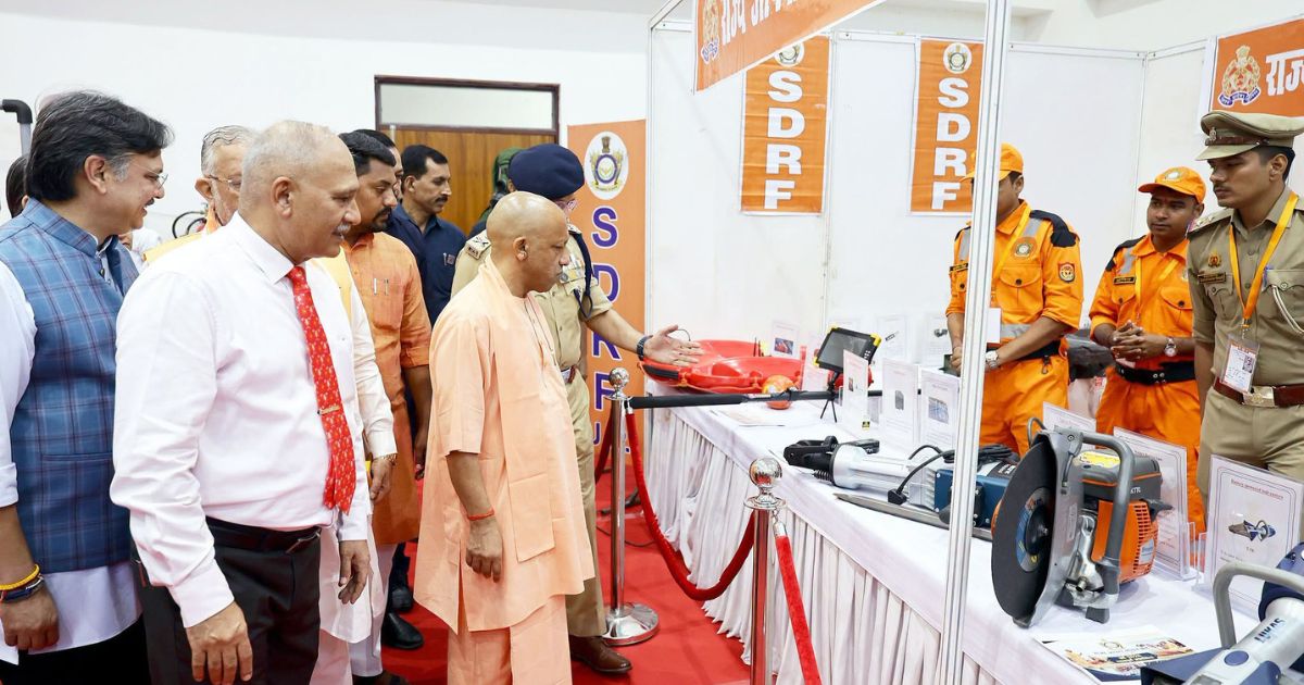 Uttar Pradesh Chief Minister inaugurating the new UPSDMA headquarters in Lucknow and honoring SDRF, PAC, and Fire Service personnel.