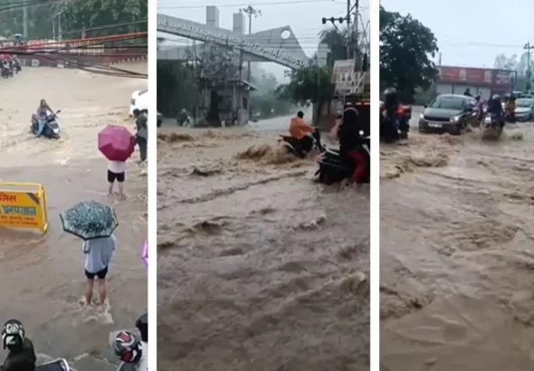 Dehradun Weather: Heavy waterlogging outside IT Park on Sahastradhara Road after torrential rain under IMD Red Alert