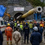 CM Pushkar Singh Dhami at Pipalkoti tunnel accident site during rescue operation in Chamoli