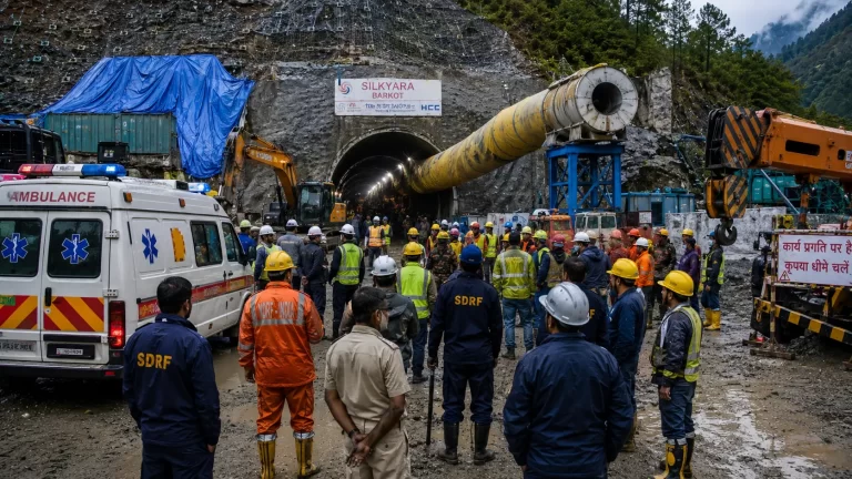 CM Pushkar Singh Dhami at Pipalkoti tunnel accident site during rescue operation in Chamoli