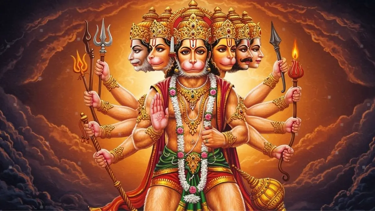 Hanuman Panchmukhi Avatar depicting the five-faced form taken to defeat Ahiravan and rescue Lord Ram and Lakshman
