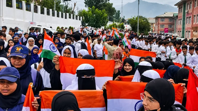 Har Ghar Tiranga Campaign in Kashmir with children holding the Indian Tricolour during a Tiranga rally