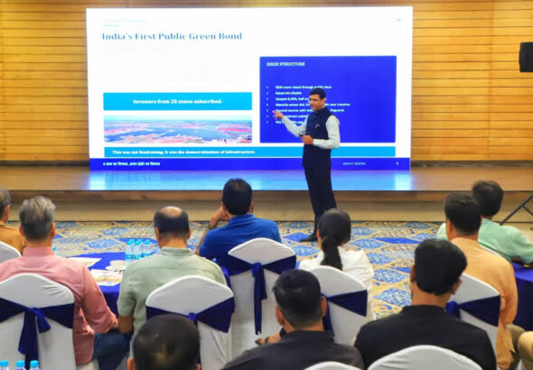 Mayor Pushyamitra Bhargav presenting Indore Development Report 2026 and outlining the city's 25-year development vision.