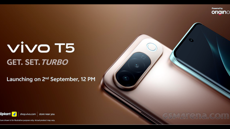 Vivo T5 5G in Royal Bronze and Silver Green featuring a curved AMOLED display and horizontal rear camera design