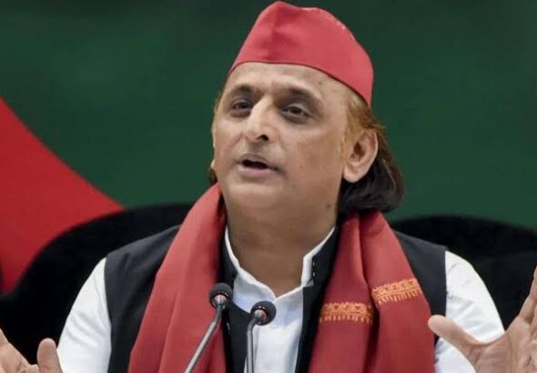 Akhilesh Yadav addressing the media during a press conference