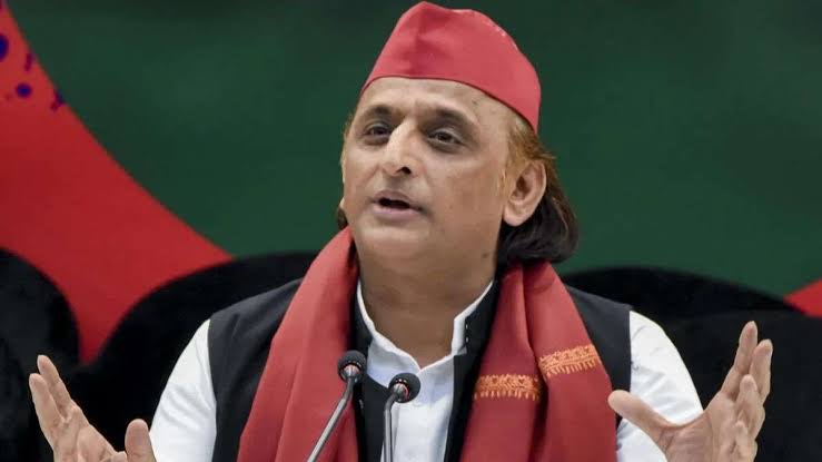 Akhilesh Yadav addressing the media during a press conference
