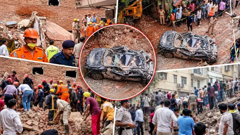Rescue teams clearing debris after the Satya Niketan building collapse at Hostel Days PG in Delhi Slug: satya-niketan-building-collapse-hostel-days-pg-delhi