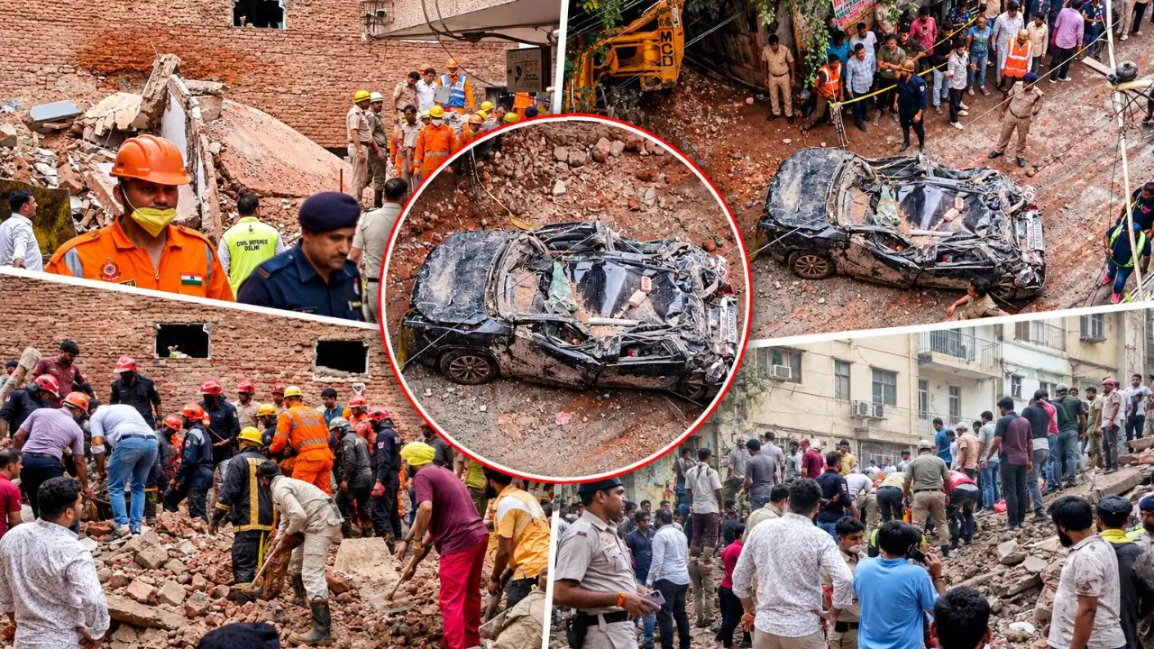 Rescue teams clearing debris after the Satya Niketan building collapse at Hostel Days PG in Delhi Slug: satya-niketan-building-collapse-hostel-days-pg-delhi
