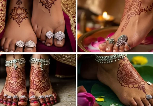 Silver toe ring worn by a married woman with traditional Indian jewelry