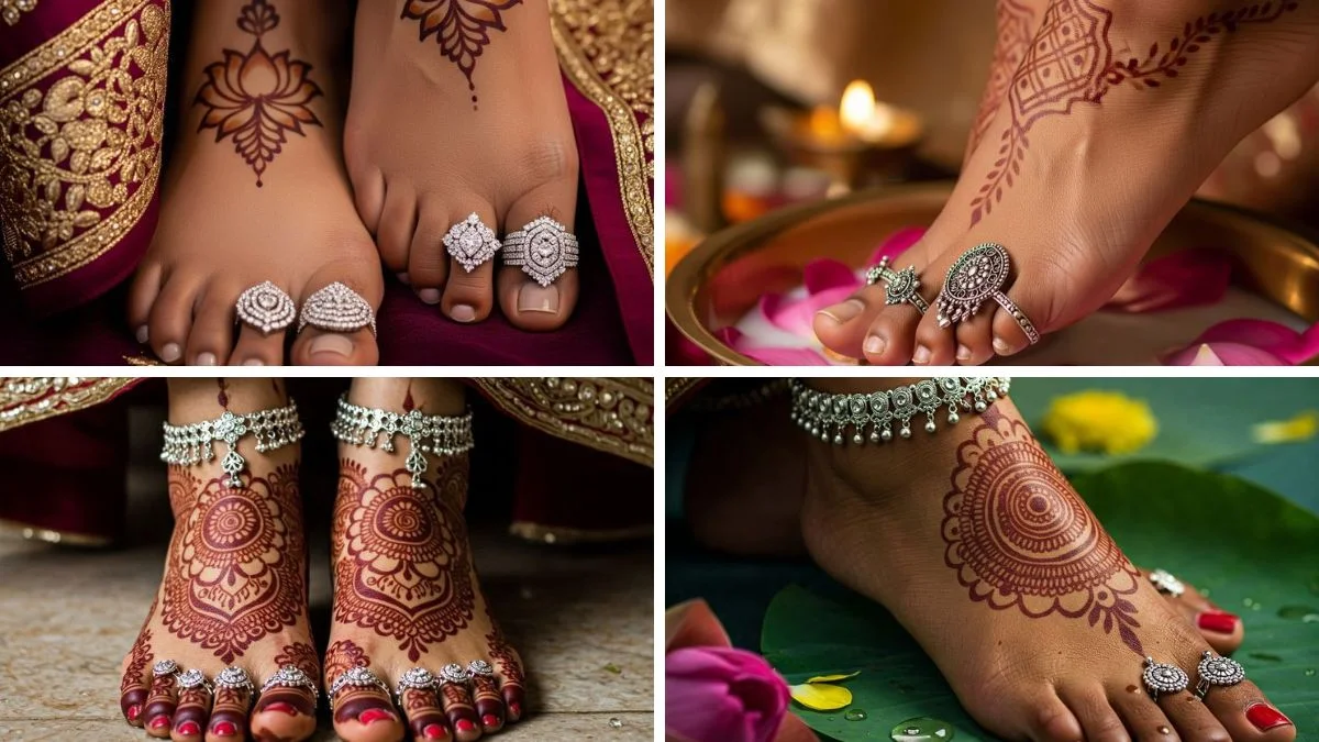 Silver toe ring worn by a married woman with traditional Indian jewelry