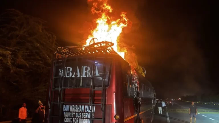 Yamuna Expressway Bus Fire after double-decker sleeper bus caught fire in Greater Noida