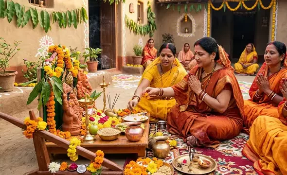 Women performing Hal Chhath Vrat 2026 rituals and prayers for their children's health and long life