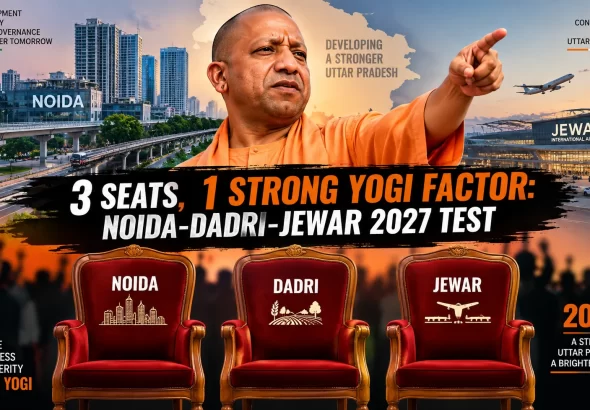 Yogi Factor 2027: 2027 UP Assembly Election analysis image featuring CM Yogi Adityanath with Noida, Dadri and Jewar constituencies, highlighting the '3 Seats, 1 Strong Yogi Factor