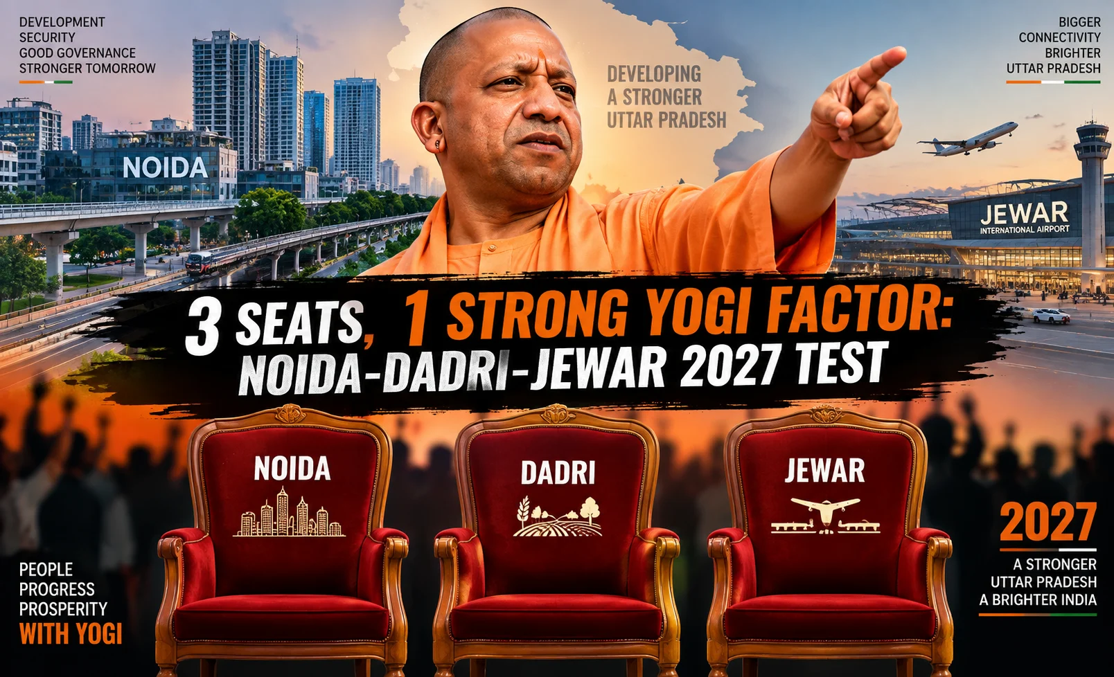 Yogi Factor 2027: 2027 UP Assembly Election analysis image featuring CM Yogi Adityanath with Noida, Dadri and Jewar constituencies, highlighting the '3 Seats, 1 Strong Yogi Factor