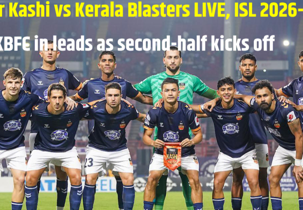 Inter Kashi vs Kerala Blasters 2026-27 match in Pune featuring Vibin Mohanan's first-half goal and Kerala Blasters players